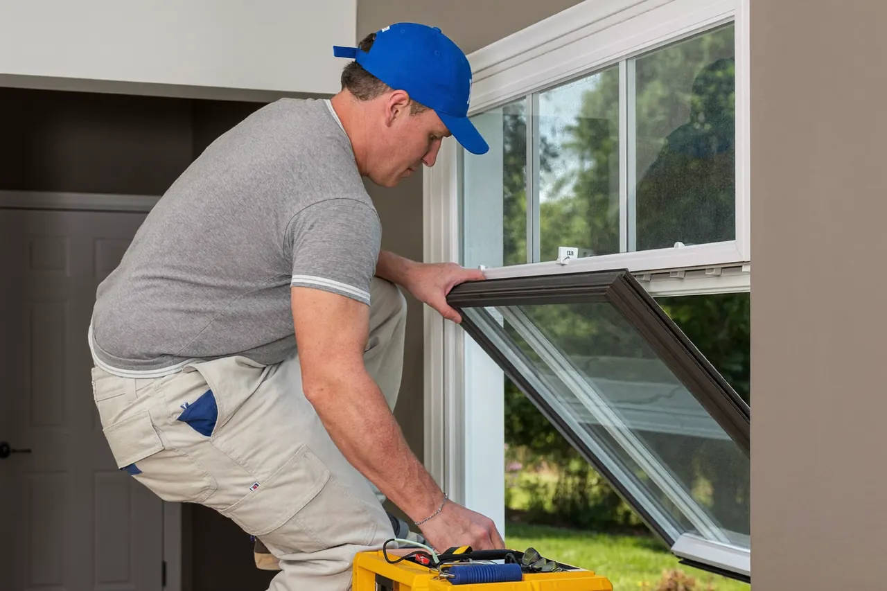 An installer fitting a new upstairs window