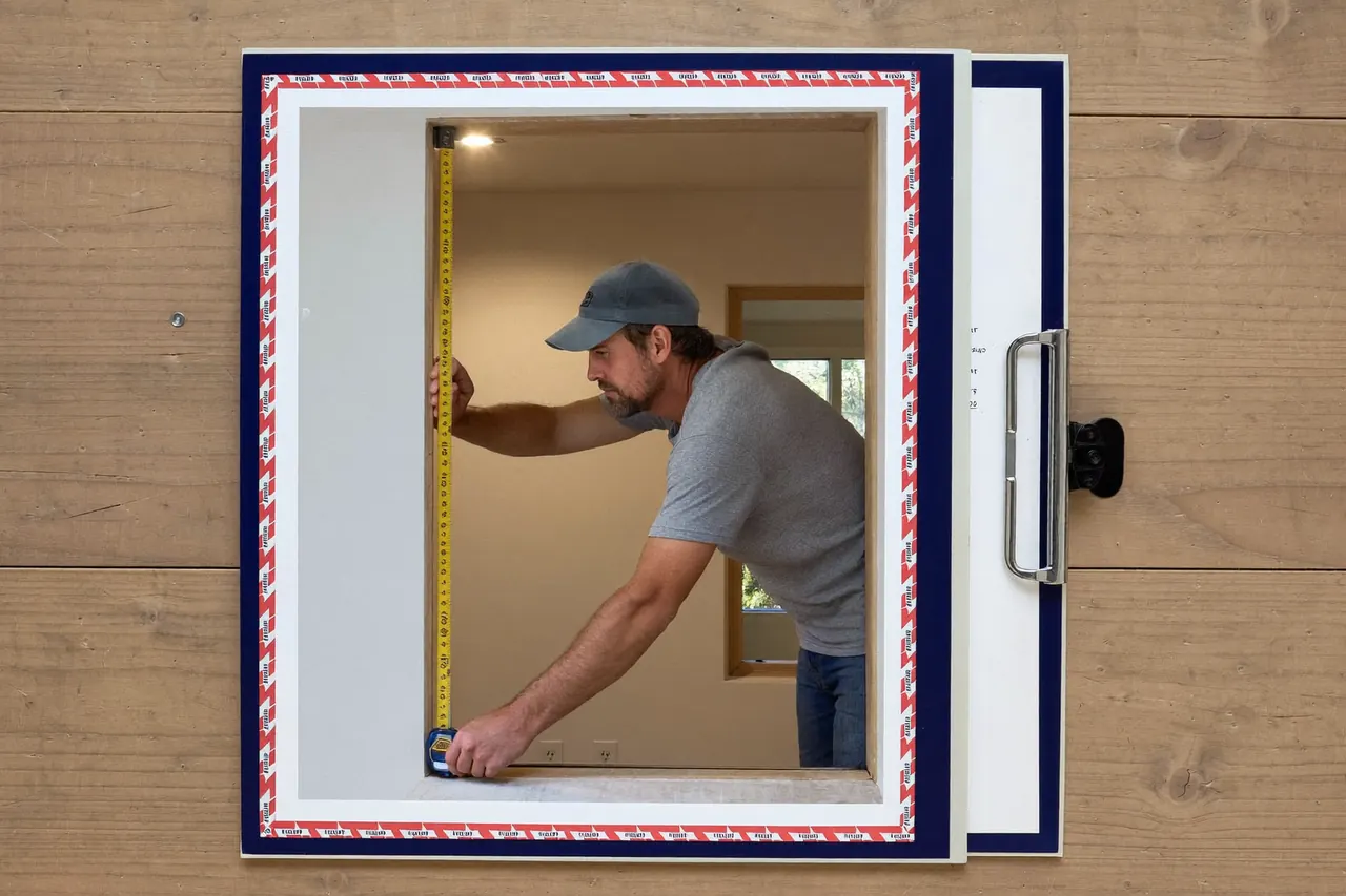 Installer measuring a window opening during a home survey