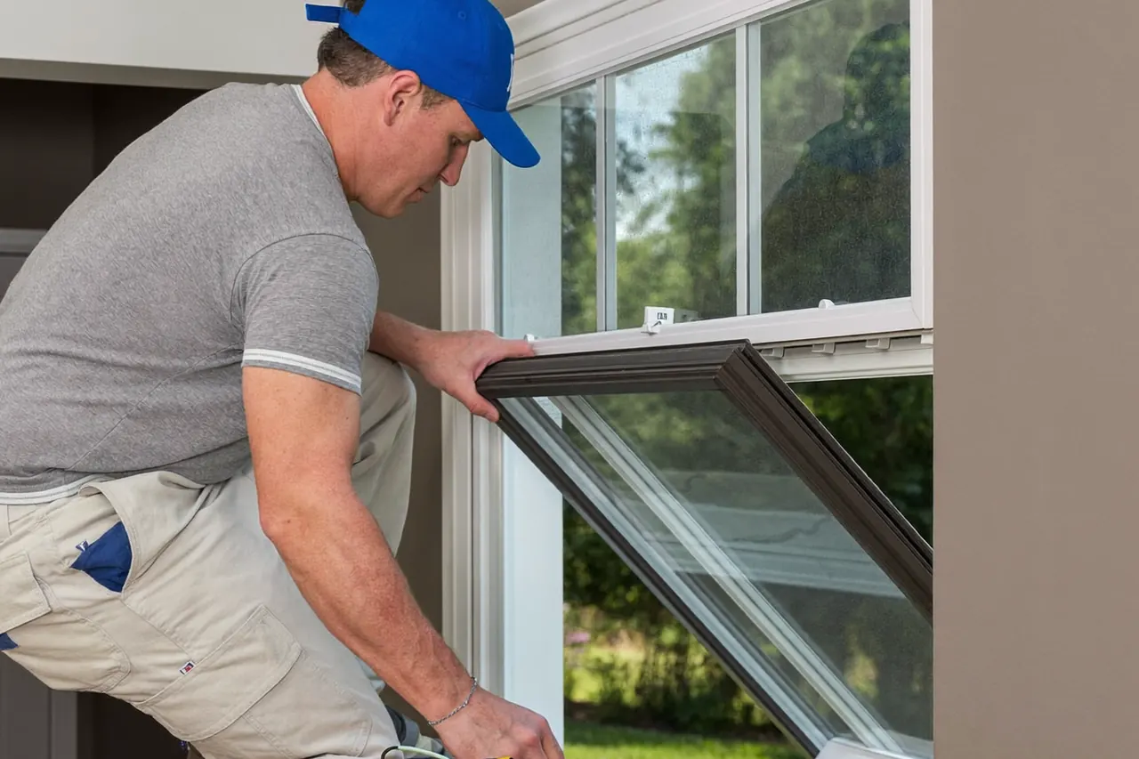 Two installers fitting new windows across the front of a house