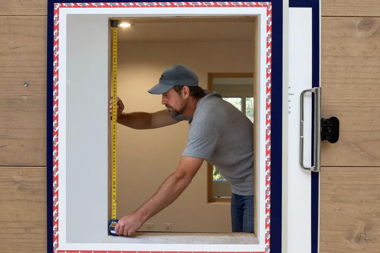 A window opening being measured with a tape during a survey